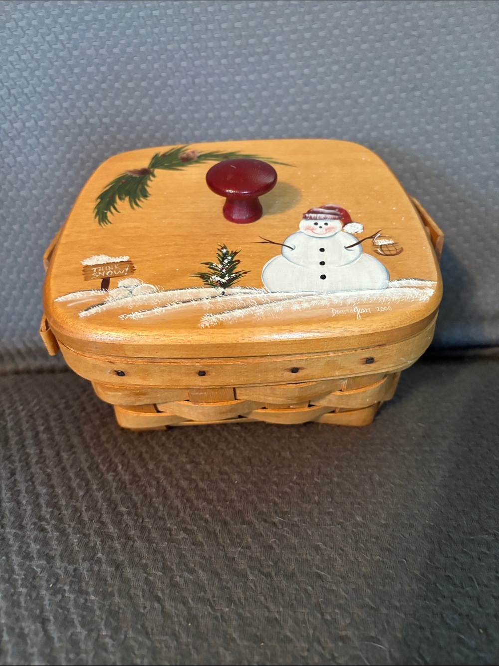 Longaberget Hand-Painted Snowman Basket with Red Knob Lid